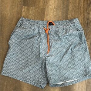 J. Crew Blue/Gray Swim Trunks with Geometric Pattern and Orange trim M
